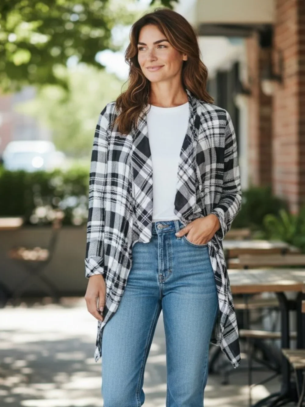 New York Laundry Plaid Duster Cardigan L Black & White L #18J‎
